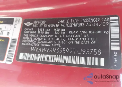 2009 Mini Cooper z USA, uszkodzony, nr VIN WMWMR33599TU95758